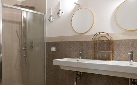Villa Margherita: Wall, Plumbing Fixture, Flooring, Interior Design, Bathroom Sink, Bathroom, Light Fixture, Floor, Tap, Lighting