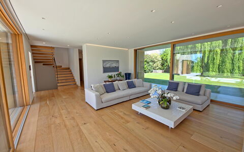 Villa Elena: Interior Design, Flooring, Floor, Furniture, Wood, Couch, Wood Flooring, Living Room, Ceiling, Home