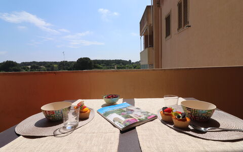 Mediterranea'S House Otranto: Furniture, Outdoor Furniture, Chair, Wood Stain, Shade, Kitchen & Dining Room Table, Outdoor Table, Coffee Table, Balcony, Houseplant