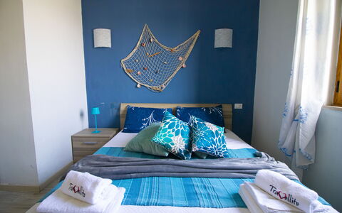 Mediterranea'S House Otranto: Furniture, Interior Design, Textile, Room, Bedroom, Linens, Floor, Lighting, Flooring, Bedding