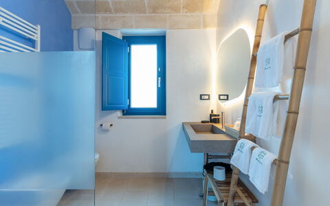Tenuta Emma: Blue, Wall, Composite Material, Plumbing Fixture, Light Fixture, Bathroom, Tile, Design, Tap, Sink
