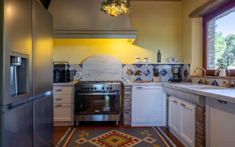 Villa Santa Barbara: Interior Design, Kitchen, Flooring, Wall, Furniture, Countertop, Wood, Ceiling, Kitchen Appliance, Floor
