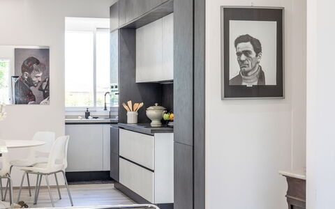 Art&Sea House: Furniture, Kitchen, Interior Design, Countertop, Flooring, Cabinetry, Kitchen Appliance, Floor, Home, Cupboard