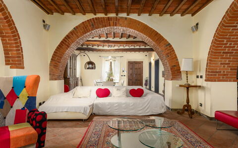 Podere Il Pozzangone, Lucignano: Furniture, Interior Design, Wall, Bed, Bedroom, Ceiling, Floor, Flooring, Room, Lighting