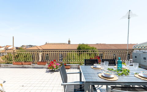 Attico del Corso: Furniture, Apartment, Chair, Shade, Outdoor Furniture, Balcony, Kitchen & Dining Room Table, Houseplant, Flowerpot, Outdoor Table