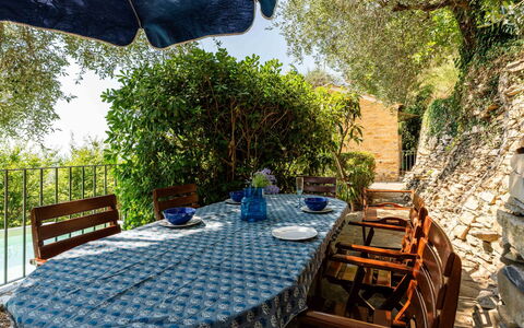 Casetta Pantasina: Furniture, Chair, Table, Outdoor Furniture, Outdoor Table, Kitchen & Dining Room Table, Shade, Tablecloth, Garden, Backyard