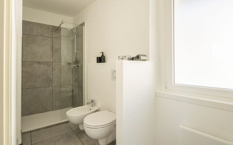 Next Comacina, Lago di Como with Garage: Bathroom, Flooring, Wall, Plumbing Fixture, Floor, Toilet, Toilet Seat, Interior Design, Plumbing, Bathroom Sink