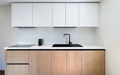 Ca' Alma Dolomia: Wood, Flooring, Cabinetry, Countertop, Interior Design, Kitchen, Furniture, Sink, Floor, Tap