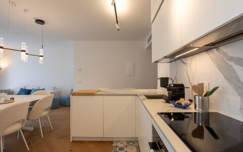 Porto di Luce Luxury, Jacuzzi and Seaview: Interior Design, Furniture, Flooring, Countertop, Kitchen, Wall, Light Fixture, Wood, Floor, Ceiling