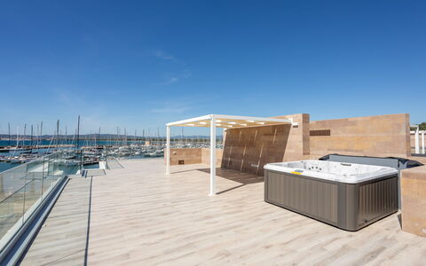 Porto di Luce Luxury, Jacuzzi and Seaview: Flooring, Floor, Wood Flooring, Composite Material, Deck, Hardwood, Outdoor Furniture, Plank, Wood Stain, Shade