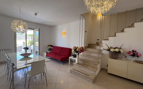 Villa Magda: Interior Design, Flooring, Furniture, Floor, Wood, Ceiling, Room, Lighting, Living Room, Home