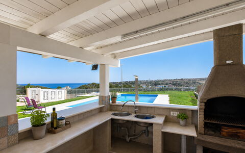 Villa Sara: Flooring, Furniture, Floor, Interior Design, Home, Chair, Ceiling, Kitchen, Shade