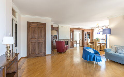 Villa Althea: Flooring, Furniture, Interior Design, Floor, Ceiling, Wood, Room, Wood Flooring, Couch, Living Room
