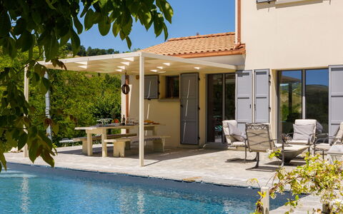 Villa Mia 6: Furniture, Outdoor Furniture, Chair, Outdoor Table, Awning, Swimming Pool, Shade, Outdoor Structure, Patio, Pergola
