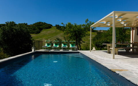Villa Mia 6: Swimming Pool, Outdoor Furniture, Leisure, Shade, Chair, Sunlounger, Umbrella, Resort, Landscaping, Vacation