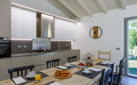 Villa Mia 6: Interior Design, Kitchen, Flooring, Ceiling, Furniture, Countertop, Room, Lighting, Home, Floor