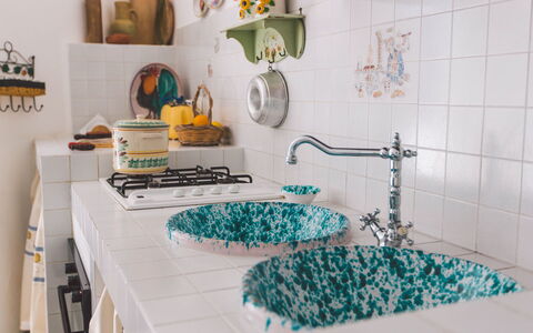 Villa Ferradina 4+2: Kitchen, Tap, Countertop, Plumbing, Plumbing Fixture, Porcelain, Ceramic, Tile, Paint, Serveware
