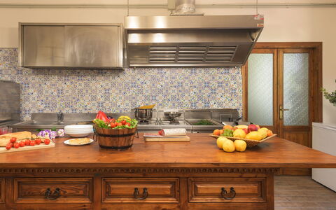 Villa Augusto 10: Kitchen, Countertop, Interior Design, Flooring, Cabinetry, Floor, Tap, Kitchen Appliance, Tile, Room