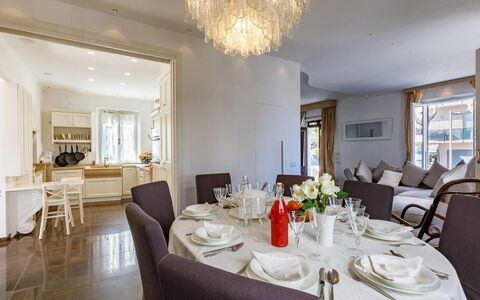 Villa Corona 8: Furniture, Interior Design, Chair, Table, Flooring, Ceiling, Wood, Room, Floor, Dining Room