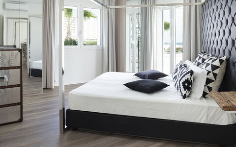 Portoverde Beach Villa 12: Furniture, Bed, Interior Design, Bedroom, Bedding, Flooring, Floor, Bed Sheet, Room, Wood
