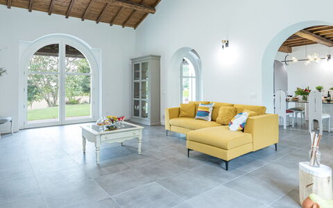 Villa Rasena 6: Flooring, Interior Design, Floor, Furniture, Ceiling, Room, Couch, Living Room, Chair, Houseplant