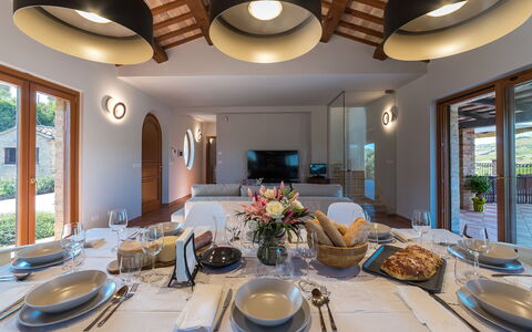 Borgo da Monte 8: Home, Interior Design, Furniture, Kitchen & Dining Room Table, Chair, Ceiling, Dining Room, Light Fixture, Estate, Farmhouse