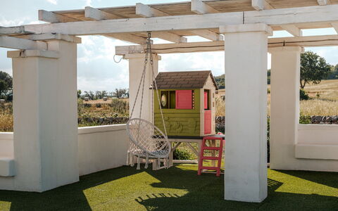 White Stone House 6+1: Column, Garden, Pergola, Outdoor Furniture, Outdoor Structure, Landscaping, Shade, Lawn, Backyard, Chair