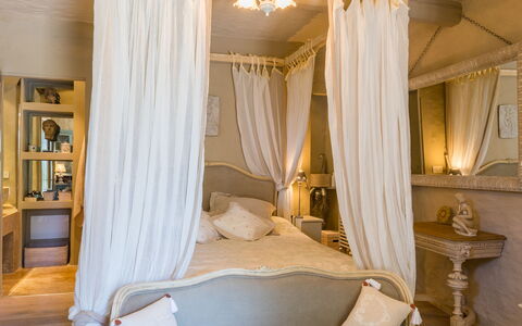 Il Castellaccio 8: Furniture, Interior Design, Bed, Bedroom, Bedding, Bed Sheet, Wood, Room, Floor, Ceiling