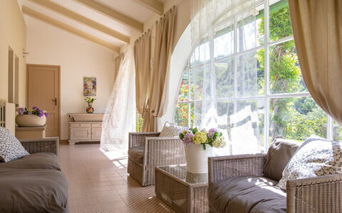 La Villa Dina 10: Furniture, Interior Design, Couch, Wood, Flooring, Floor, Living Room, Home, Room, Lighting