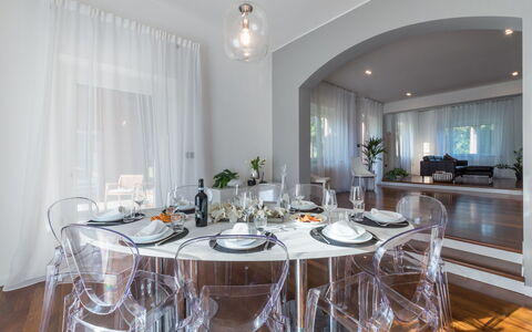 Villa Ninetta 10+1: Furniture, Interior Design, Flooring, Chair, Table, Ceiling, Floor, Lighting, Kitchen & Dining Room Table, Dining Room