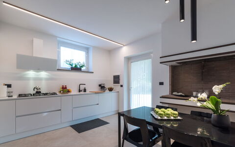 Villa Ninetta 10+1: Kitchen, Interior Design, Countertop, Light Fixture, Ceiling, Lighting, Home, Flooring, Cabinetry, Kitchen Appliance