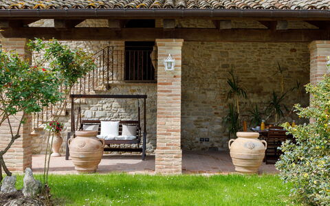 Villa Agostini 10: Flowerpot, Brick, Door, Garden, Flagstone, Houseplant, Outdoor Furniture, Backyard, Landscaping