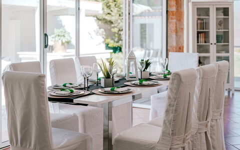 Villa Demal 8+2: Furniture, Interior Design, Table, Chair, Dining Room, Kitchen & Dining Room Table, Textile, Room, Flooring, Lighting