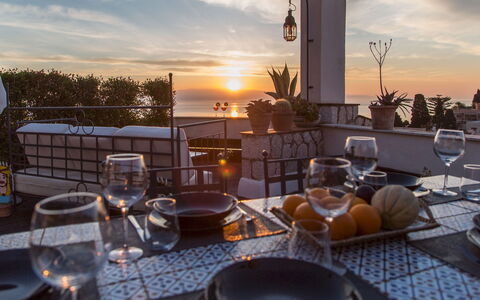 Attico Giafari 6: Dusk, Balcony, Outdoor Table, Evening, Chair, Outdoor Furniture, Flowerpot, Sunset, Restaurant, Kitchen & Dining Room Table