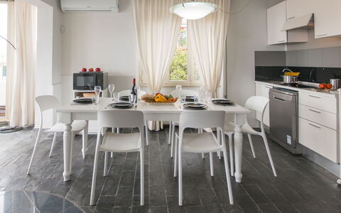 Attico Giafari 6: Furniture, Interior Design, Flooring, Chair, Floor, Table, Kitchen & Dining Room Table, Lighting, Ceiling, Kitchen