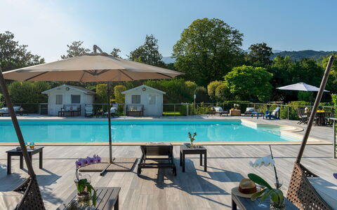 Villa Barchessa Panigai 8: Swimming Pool, Umbrella, Outdoor Furniture, Resort, Leisure, Recreation, Sunlounger, Shade, Chair, Eco Hotel