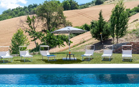 Casale Principessa 6+2: Outdoor Furniture, Swimming Pool, Furniture, Sunlounger, Chair, Leisure, Shade, Garden, Umbrella, Lawn