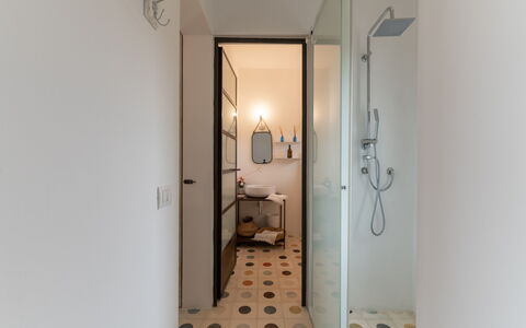 Trullo Santa Pazienza 6+3: Flooring, Wall, Interior Design, Floor, Bathroom, Plumbing Fixture, Ceiling, Room, Lighting, Plumbing