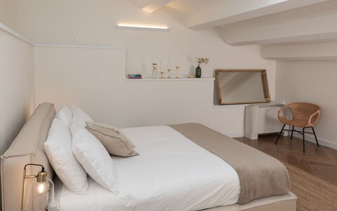 Villa Terre Normanne 10: Interior Design, Furniture, Bedroom, Wall, Bed, Floor, Flooring, Wood, Ceiling, Room