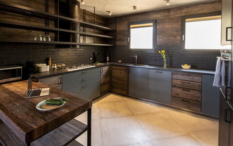 Villa Passo degli Aironi 12: Kitchen, Furniture, Countertop, Flooring, Interior Design, Wood, Cabinetry, Kitchen Appliance, Ceiling, Floor