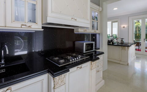 Villa Guidi 10: Kitchen, Interior Design, Ceiling, Countertop, Kitchen Stove, Tap, Kitchen Appliance, Light Fixture, Molding, Stove
