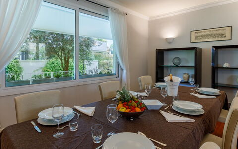 Villa Guidi 10: Furniture, Interior Design, Table, Flooring, Ceiling, Dining Room, Kitchen & Dining Room Table, Chair, Room, Lighting