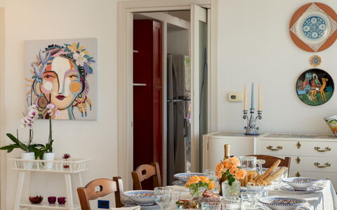 Villa Olimpia 6+2: Furniture, Interior Design, Wood, Table, Dining Room, Flooring, Room, Kitchen & Dining Room Table, Lighting, Chair