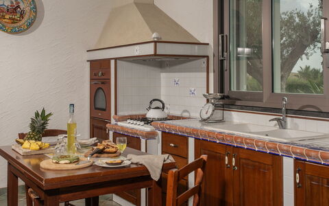 Villa Alessia 6: Kitchen, Furniture, Countertop, Wood, Interior Design, Flooring, Cabinetry, Kitchen Appliance, Home, Floor