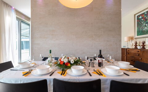 Villa Atmosfere 8: Furniture, Interior Design, Table, Dining Room, Chair, Tableware, Kitchen & Dining Room Table, Ceiling, Lighting, Flooring