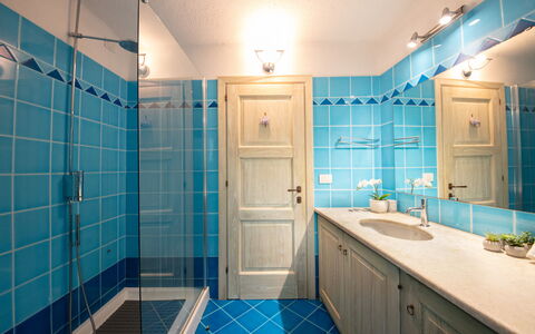 Villa Isa 6: Blue, Interior Design, Flooring, Plumbing Fixture, Floor, Bathroom, Tap, Tile, Plumbing, Sink