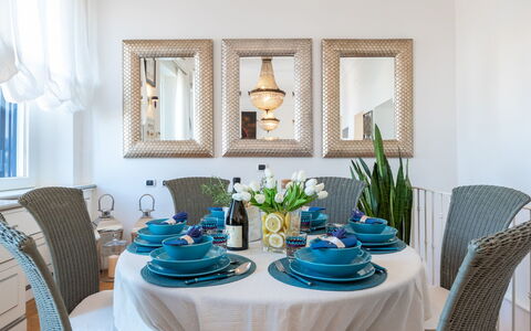 Villa Callari 6+2: Furniture, Interior Design, Table, Tableware, Chair, Dining Room, Room, Textile, Lighting, Kitchen & Dining Room Table