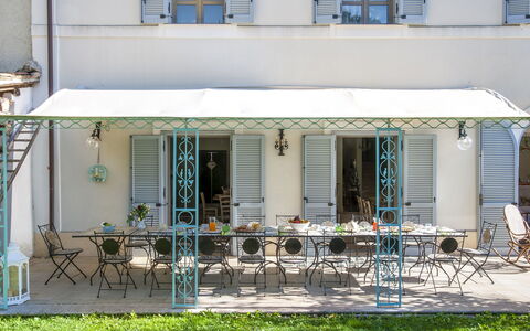 Villa Cappelletti 16+2: Furniture, Outdoor Furniture, Door, Awning, Outdoor Table, Balcony, Shade, Chair, Porch, Iron