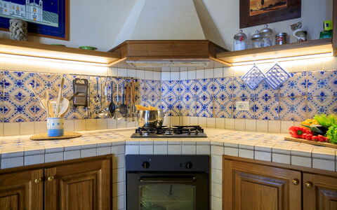 Villa Terra del Sole 8: Kitchen, Flooring, Interior Design, Floor, Tile, Countertop, Room, Kitchen Appliance, Kitchen Stove, Gas Stove