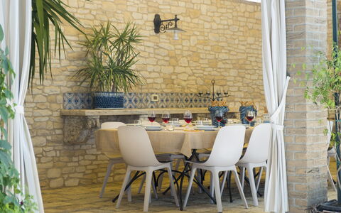 Villa Terra del Sole 8: Furniture, Chair, Table, Interior Design, Kitchen & Dining Room Table, Outdoor Furniture, Restaurant, Dining Room, Outdoor Table, Natural Material